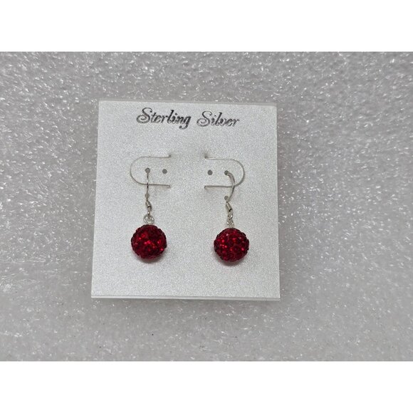 Sterling Silver Red Crystal Ball Dangle Earrings - Picture 1 of 2